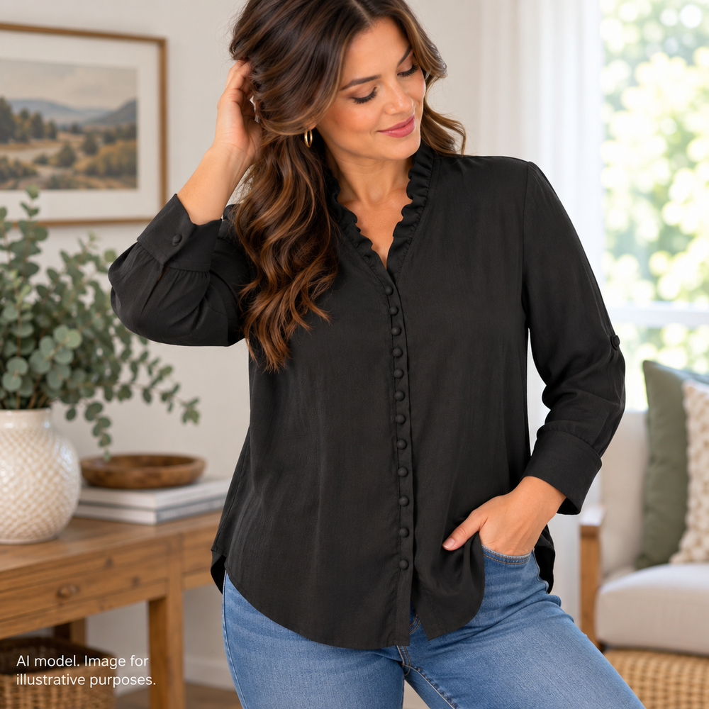 Express Portofino Shirt Womens Medium Black Ruffle Collar Slim Fit Flowy Career